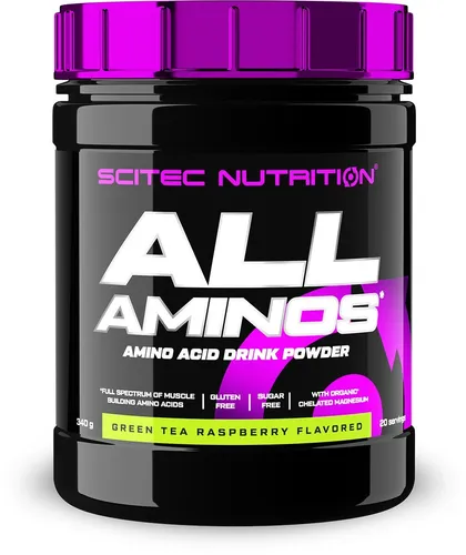 Scitec Nutrition All Aminos, 340 g Dose - Grüner Tee Himbeere - Protein Shakes & Muskelaufbau, unterstützt die Muskelregeneration und bietet einen erfrischenden Geschmack von grünem Tee und Himbeere.