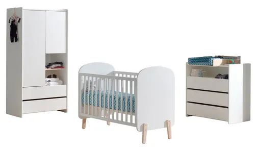 aufm Kessel Babymöbel-Set Karilynn 3 - Komplettset in Weiß - Hochwertiges Babyzimmer-Set aus MDF und massivem Kiefernholz in eleganter Retro-Optik. Inklusive Babybett, Kleiderschrank und Kommode - ideal für eine stilvolle und praktische Einrichtung.