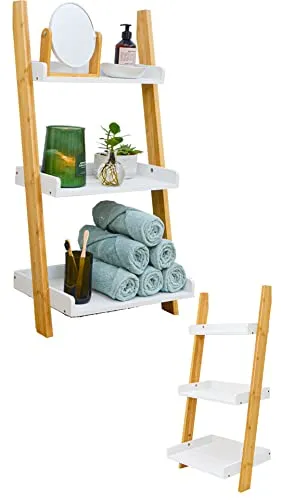 DuneDesign 3 Fächer Bambus Leiterregal - 45x90 cm - Standregal aus nachhaltigem Bambus, ideal für kleine Räume und flexibel einsetzbar in Bad, Küche oder Flur. Schickes Design mit 3 Ablagen, jede bis 5 kg belastbar.