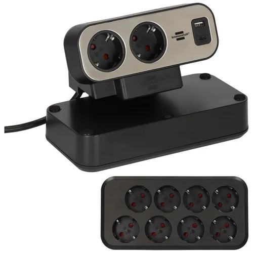 Brennenstuhl Tischsteckdose Estilo Duplex - 10-fach mit 2m Kabel, 2x USB-A & USB-C, platzsparende 45 Steckdosenanordnung und Überspannungsschutz