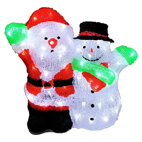 Weihnachtsmann mit Schneemann Acryl Beleuchtung Figur - Lichterketten für Außen & Innen, stimmungsvolle Beleuchtung mit 90 kaltweißen LEDs, ideal für festliche Dekoration in Garten oder Wohnraum.