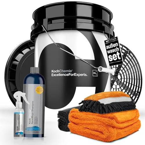 Auto Reinigungsset Außen | Koch Chemie: Wascheimer 20 Liter + Deckel + Grit Guard Einsatz + Nano Magic Shampoo 750ml + Allround Quick Shine 140ml | Nuke Guys: Gamma Dryer Trockentuch + Waschhandschuh