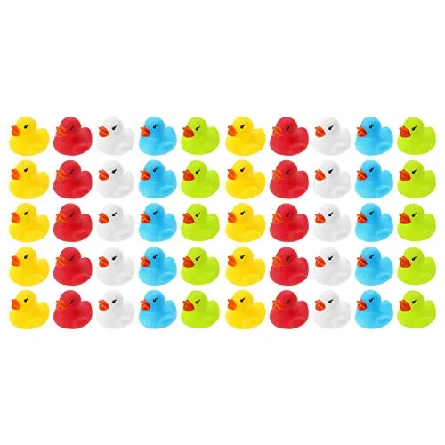 WELLGRO Badeenten - bunt (gelb, rot, weiß, blau, grün), je Ente ca. 3,5 x 3 cm (ØxH), Gummiente, im Netz 50