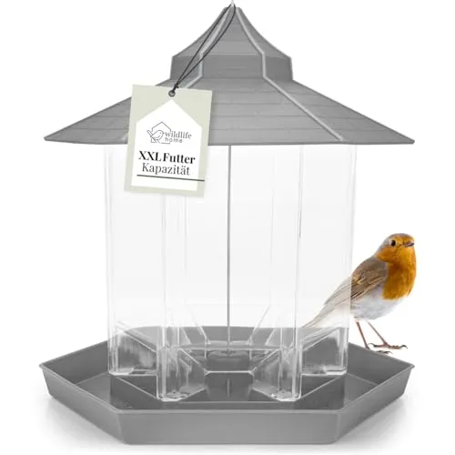 WILDLIFE HOME Vogelhaus zum Aufhängen, XL Vogelfutterhaus I Futterlaterne Grau I Vogelfutterspender für Garten & Balkon I Futterstation Wildvögel ganzjährig