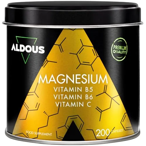 Kapseln Magnesiumcitrat 1500 mg + Vitamin C, B6, B5 Maximale Dosis - Einzigartige Formel mit 450mg reinem Magnesium - Reduziert Müdigkeit und Erschöpfung - Lindert Gelenkschmerzen - ALDOUS 200