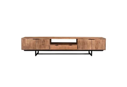 Livingfurn TV-Möbel Valdez – Stilvolles Mangoholz mit schwarzem Stahlgestell - Elegantes TV-Möbel aus Mangoholz und schwarzem Stahl, das skandinavisches Design mit praktischen Stauraumlösungen vereint. Ideal für einen modernen Entertainment-Bereich.
