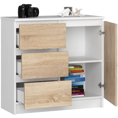 BDW - Kommode mit 3 Schubladen und 1 Tür - 80 cm breit, 77 cm hoch - Schrank, Sideboard, Mehrzweck-, Schuhschrank, Schubladenkommode, Aktenschrank - Wohn-, Schlafzimmer, Flur - Weiss/Eiche Sonoma