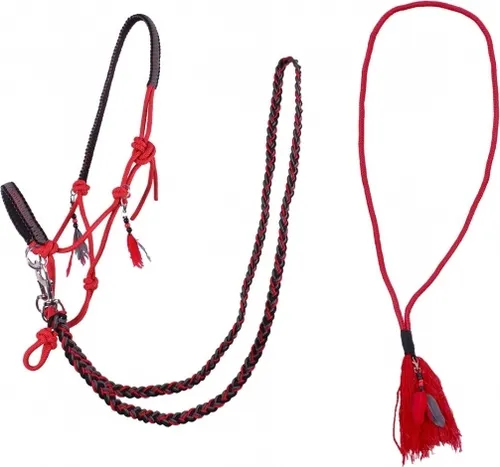 ARBO-INOX Knotenhalfter Set für Warmblut, Rot - Pferdehalfter Set mit Knotenhalfter, Zügel und Halsring in stilvollem Rot. Ideal für Bodenarbeit und gebissloses Reiten, ausgestattet mit abnehmbaren Perlenanhängern und robusten Karabinern.