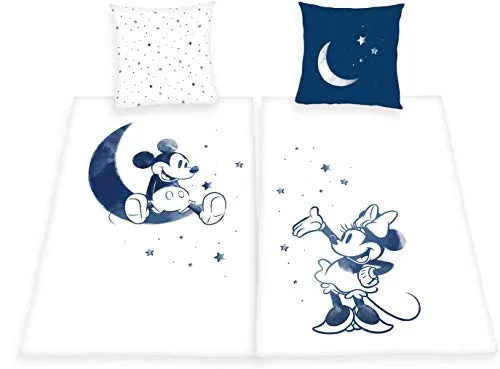Herding Disney's Mickey & Minnie Mouse Bettwäsche-Set, Cotton, Weiß/Blau, Deutsche Größe