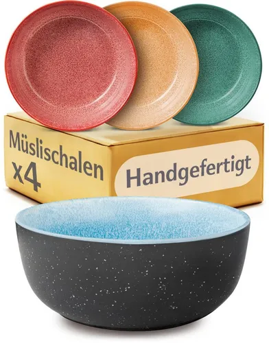 Cosumy Müslischale Set für 4 Personen – Handgefertigtes Steingut Geschirr - 4er Set Müslischalen aus handgefertigtem Steingut, spülmaschinenfest und mikrowellengeeignet. Ideal für stilvolle Frühstücke im Kreis der Familie.