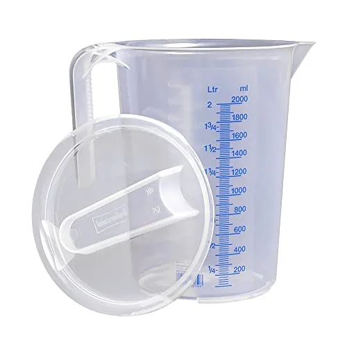 hünersdorff Messbecher 2l mit Deckel | Polypropylen (PP) | bruchsicher und spülmaschinengeeignet | offener Griff , Transparent+blau