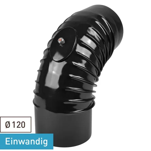 Rauchrohrbogen Emaille 120mm 90° Schwarz - Hochwertiger Rauchrohrbogen aus Stahlblech mit Reinigungsöffnung. Ideal für effiziente Abgasführung und langlebigen Einsatz bei Temperaturen bis 600°C.
