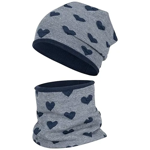Smarilla Wintermütze + Schlauchschal Set für Mädchen - Stylisches Winterset bestehend aus Beanie-Mütze und Schlauchschal, beide mit kuscheligem Fleece gefüttert. Perfekt für kalte Tage und in modischen Herz-Motiven erhältlich.