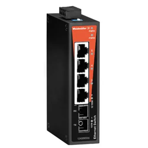 Weidmüller IE-SW-BL05-4TX-1SC Industrial Ethernet Switch - Unmanaged Netzwerk Switch mit 4x RJ45 und 1x SC-Multimode, ideal für industrielle Anwendungen bei Temperaturen von -10 °C bis +60 °C.