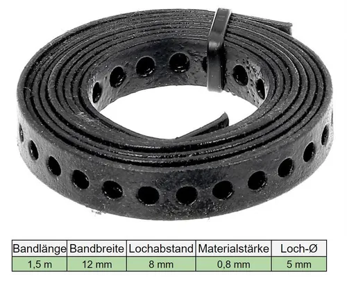 ALBERTS 1,5 m Lochband Nagelband Montageband Stahl schwarz beschichtet 12x0,8 mm