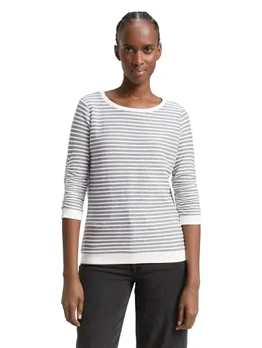 Tom Tailor Denim Damen Sweatshirt mit Raffarm & Streifenmuster, 26032 - Blue White Structured Stripe, S