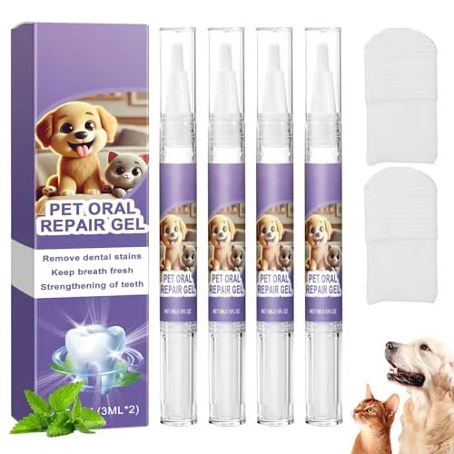 Pet Oral Repair Gel – Zahnbürstenstift für Haustiere mit 4 Fingerzahnbürsten