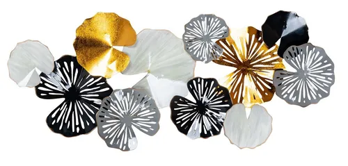 Levandeo® Metallbild, Metallbild 115x49cm Wandbild Blatt Metall Schwarz Gold Deko Ringe