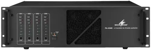 MONACOR PA-4240 - ELA-Leistungsverstärker mit 4 x 240 W - PA-Endstufen mit leistungsstarkem 4-Kanal-Verstärker, ideal für professionelle Audioanwendungen. Temperaturgeregelter Lüfter und Notstrombetrieb sorgen für zuverlässige Leistung.