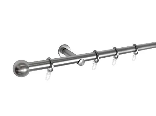 Gardinenstange 1-lauf Komplettgarnitur Ball, Edelstahl-Optik 120 cm - Gardinenstangen - Modernes Design mit einfacher Montage. Komplettset für Ösen- oder Schlaufenvorhänge, alles inklusive für schnellen Aufbau.