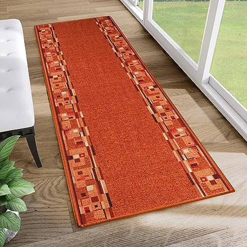 TAPISO Anti Rutsch Teppich Läufer rutschfest Brücke Meterware Modern Rot Orange Fuchsrot Vierecke Design Flur Küche Wohnzimmer 67 x 240 cm