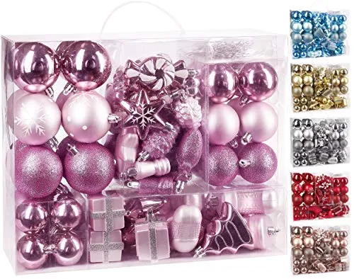 BRUBAKER 77-teiliges Set Weihnachtskugeln Christbaumschmuck - Kunststoff Rosa/Silber