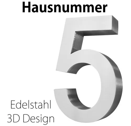 V2Aox Edelstahl Hausnummer 5 - 20 cm 3D Design - Hochwertige 20 cm Edelstahl Hausnummer im eleganten 3D Design, ideal für einen stilvollen Eingangsbereich. Lieferung inklusive unsichtbarer Edelstahlbolzen für eine einfache Montage.
