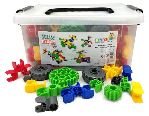 Klix Cubes Gears Konstruktionsbausteine – 310 Teile mit Zahnrädern (3 Farben, Elementgröße 2-7 cm, inkl. 10 A4-Anleitungen, Aufbewahrungsbox) – CE & EN-71 , ab 5 Jahren