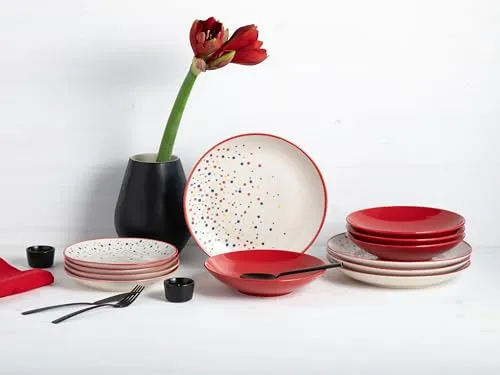 CreaTable Tellerset 12-tlg, Joy Rot-bunt - Essservices mit 12 Designerstücken in fröhlichen Farben, perfekt für jeden Anlass. Langlebig, spülmaschinen- und mikrowellengeeignet - für nachhaltigen Genuss!