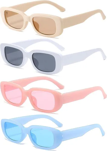 Unning 4er Set Rechteckige Sonnenbrillen Retro Vintage Damen - Stylisches 4er Set rechteckiger Sonnenbrillen für Damen in Beige, Weiß, Rosa und Blau. Ideal für verschiedene Anlässe, bietet hohen Tragekomfort mit leichtem Kunststoffrahmen und zeitlosem Design.