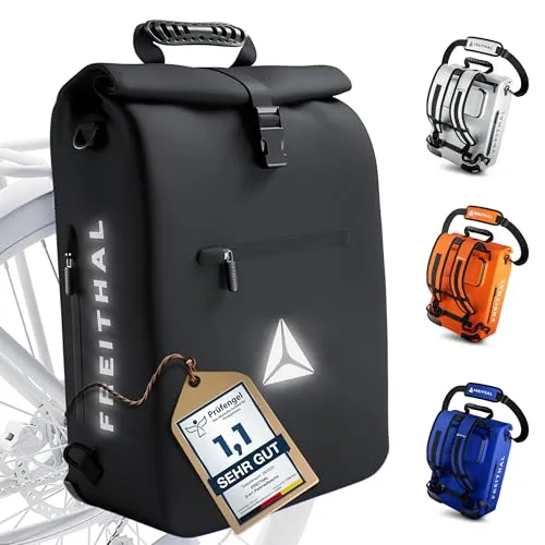 FREITHAL - 3in1 Fahrradtasche Rucksack [25L] Verwendbar als Gepäckträgertasche, Rucksack & Umhängetasche - 100% wasserdichte & Reflektierende Fahrradtasche - Mit 16