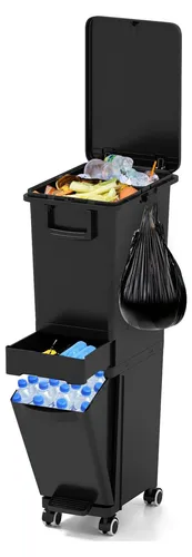 COSTWAY 3-in-1 Mülleimer mit 32L Kapazität und Schublade - Schwarz - Multifunktionaler 3-in-1 Mülleimer für einfache Mülltrennung. Mit 2 oberen Fächern, einem neigbaren Fußpedal-Behälter und einer praktischen Schublade für kleine Gegenstände. Ideal für Küche, Wohnzimmer und Badezimmer.