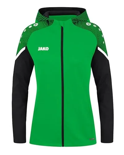 JAKO Damen Kapuzenjacke Performance, Soft Green/Schwarz, 34 - Funktionsjacke aus 100% recyceltem Polyester, mit praktischen Reißverschlusstaschen und stylischen Kontrasteinsätzen für sportliche Aktivitäten.