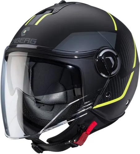 OPEN JET HELM CABERG RIVIERA V4X GEO - Matt Schwarz/Fluo Gelb - Motorradhelm mit integriertem Visier, bietet optimalen Schutz und stylisches Design für sicheres Fahren.