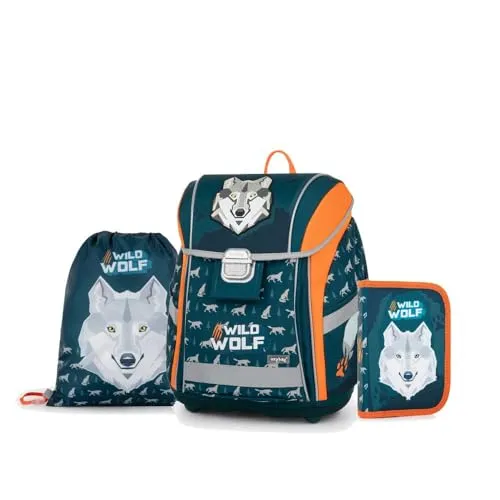 OXY BAG Schulranzen 3 TLG Set Wolf Premium Light Ergonomische Schulrucksack Set Ergonomisch, 27L, Reflektoren, mit Etui & Sportbeutel Schulset mädchen für 1. - 3. Klasse Back to School