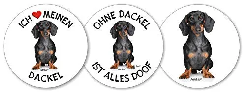 AdriLeo - Runde Aufkleber 3er-Set - Dackel Kurzhaarteckel - Deko Autoaufkleber Sticker Hund