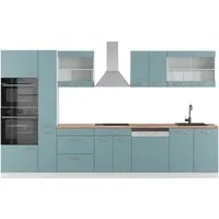 Vicco Küchenzeile R-Line, Blau-Grau/Weiß, 350 cm - Küchenzeile mit individuellem Gestaltungsspielraum, inklusive höhenverstellbarer Füße für optimalen Komfort und Anpassungsfähigkeit an Ihre Bedürfnisse.