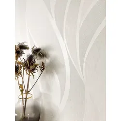 NEWROOM Tapete Weiß Vliestapete Wellen - Streifentapete Streifen Creme Hellbeige Linien Struktur Wellenmuster Modern Metallic - Weiß/Creme/Beige