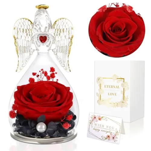 Produktbild GUHAOOL Ewige Rose mit Engel Figur, Geschenke für Mama, Infinity Rosen im Glas Engel-Ewige Rose in Angel, Engel mit Rose für Mutter Oma zum Geburtstag Weihnachten Muttertag Valentinstag Jahrestag,Rote