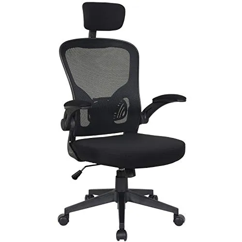 Ergonomischer Drehstuhl mit Kopfstütze - Bürostuhl in Schwarz - Moderner Bürostuhl mit atmungsaktivem Mesh, ergonomischer Rückenstütze und klappbaren Armlehnen. Ideal für komfortables Arbeiten im Büro oder Home Office.