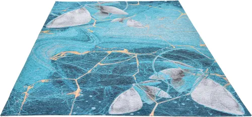 Gino Falcone Teppich Cosima-110, modernes Design in Blau - Rechteckiger Jaquard-Teppich, 130 x 190 cm, aus 70% Polyester und 30% Baumwolle, ideal für Fußbodenheizung geeignet, pflegeleicht und für Saugroboter nutzbar.