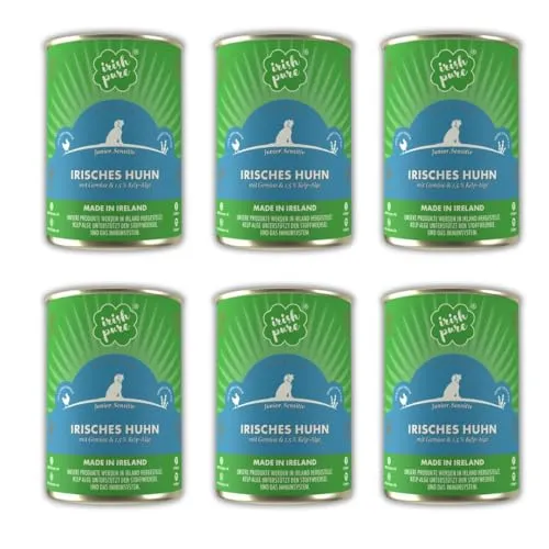 Irish Pure Premium Junior Nassfutter für Hunde | 6 x 390g | irisches-Huhn | Vitamine | Getreidefrei | Sensitiv | mit Superfood Kelp-Alge | Nassfutter für alle Rassen