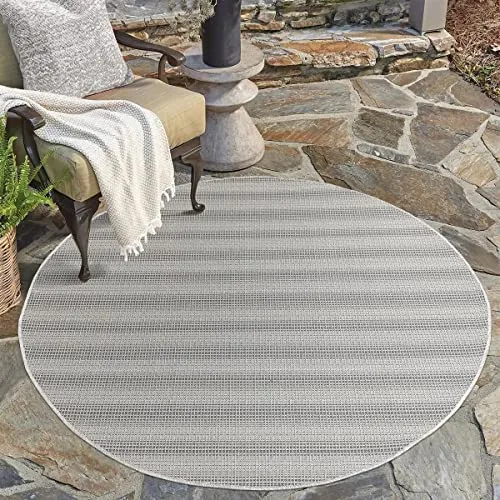 carpet city Outdoor Teppich Terrasse Wetterfest - 120x120 cm Rund - Balkonteppich Anthrazit - Streifen Muster - In-& Outdoor Teppiche für Veranda, Garten, Küche, Bad oder Wohnzimmer
