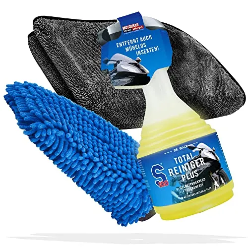 Motorrad Reinigung & Trocknen Bundle - Dr. Wack S100 Total Reiniger 0,75L - Autopflege & Motorradpflege – Hochwertiger Komplettreiniger für Motorräder mit Materialschutz und extrem saugstarkem Trockentuch für streifenfreies Trocknen, Made in Germany!