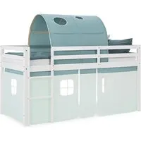 Homestyle4u Hochbett in Mintgrün und Weiß - Kinderbett aus massivem Kiefernholz mit Stofftunnel in mintgrün – ein kreativer Rückzugsort für Abenteuer und Spiel im Kinderzimmer.