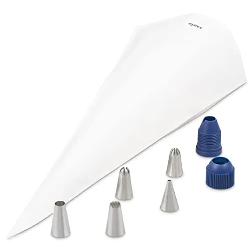 Zyliss E980215 Spritzbeutel Set, Baumwolle/Edelstahl, Pfeifen-Zuckerguss/Kuchendekoration/Zuckerguss/Gebäckfüllung, Wiederverwendbare Baumwollbeutel, Inklusive 5 verschiedenen Düsen
