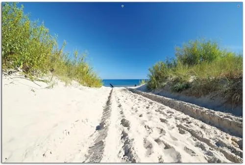 Wallario Outdoor-Poster: Auf dem Sandweg zum Strand - Gartenschilder für den Außenbereich – Hochwertiges Motivbanner mit UV- und Witterungsbeständigkeit, sofort aufhängbar und ideal zur Verschönerung von Zäunen und Balkonen.