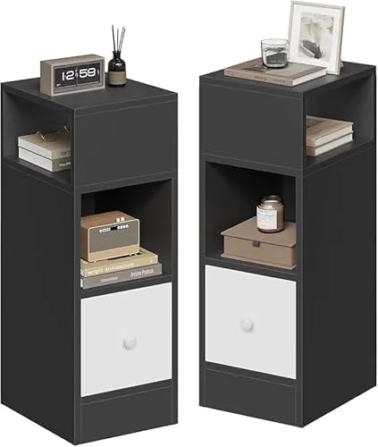 EUGAD Nachttische 2er Set, schmal, Beistelltisch mit 2 offenen Ablagen und 1 Schublade, 25x66x30 cm, Nachtschrank im Schlafzimmer, Nachtkästchen aus Holzwerkstoff, dunkelgrau, 0010CTG-2