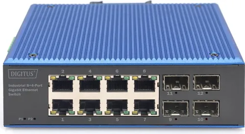 DIGITUS 12-Port Gigabit Ethernet Switch - Netzwerk-Switch mit 12 Ports, ideal für industrielle Anwendungen, bietet hohe Betriebstemperaturen und ESD-Schutz für zuverlässige Netzwerkverbindungen.