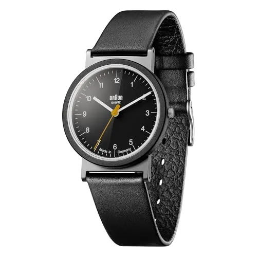 Braun Unisex 3-Hand Analogue Swiss-Part Quartz Watch, Made in Germany, Black Dial and Black Leather Strap, 33mm Stainless Steel Case, Model AW10.